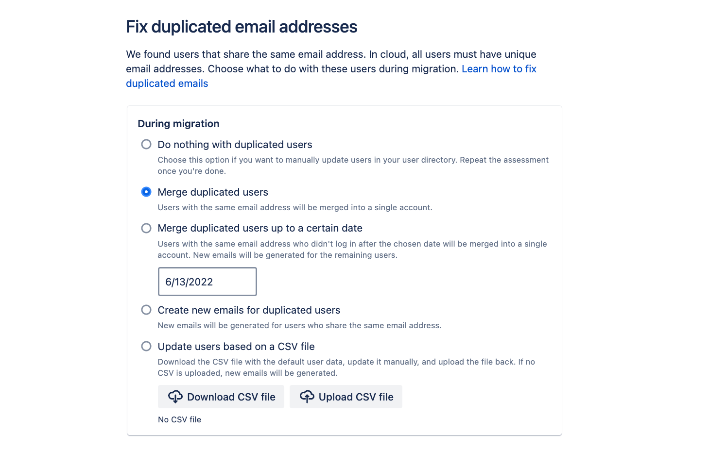 "Fix duplicated email addresses" screen, with Merge duplicated users option selected.