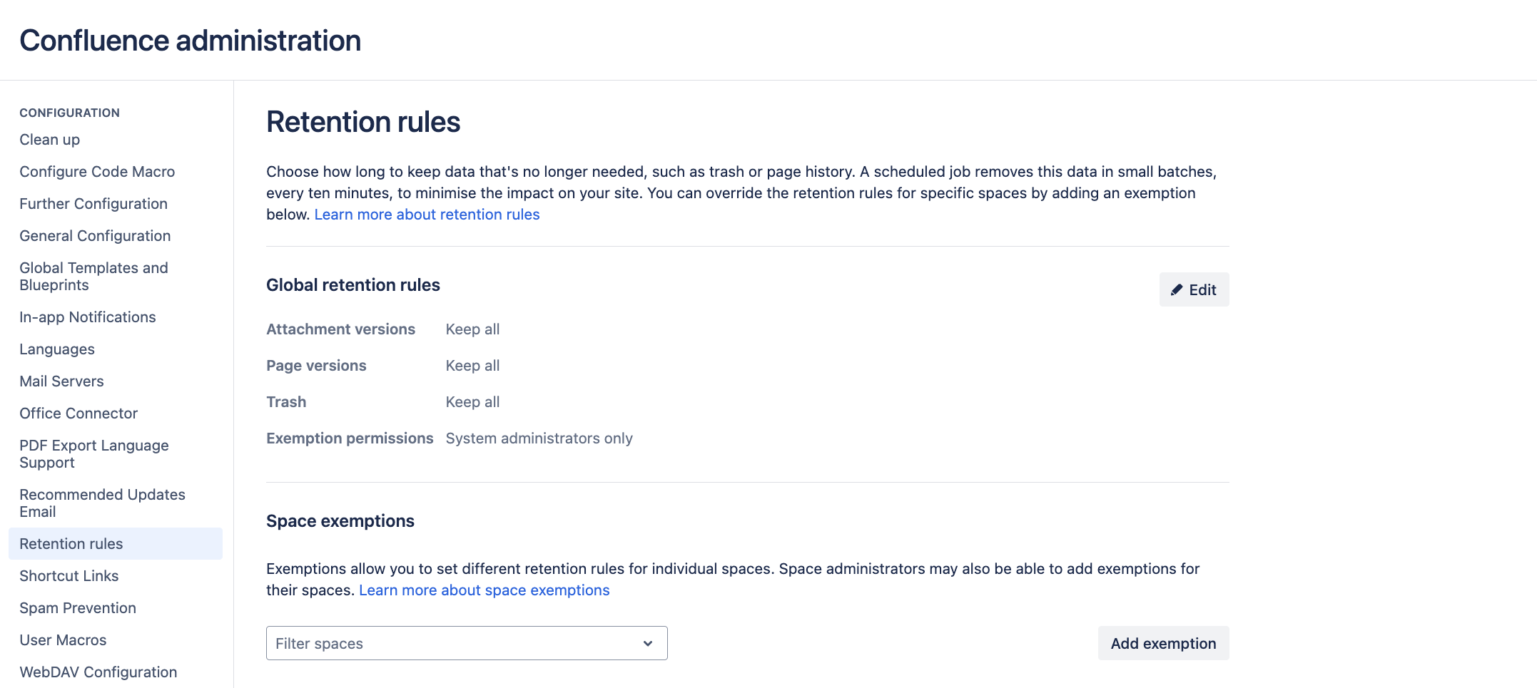 Setting retention rules in the Confluence administration view.