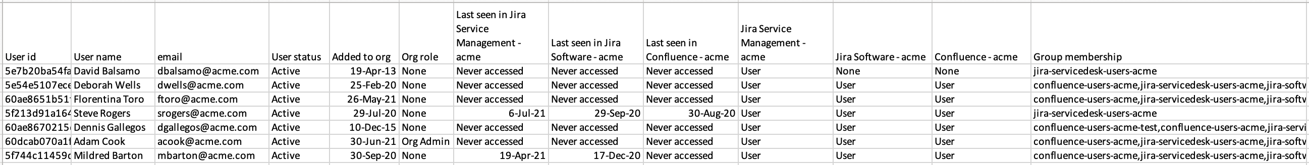  Example of data in the CSV with Group membership and Product access boxes ticked. Without option Pivot to column selected.