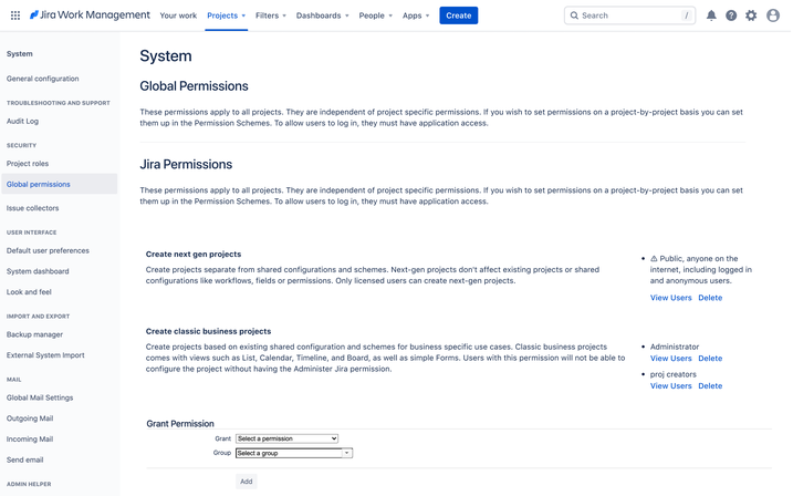alt="Global Permissions page with permission information."