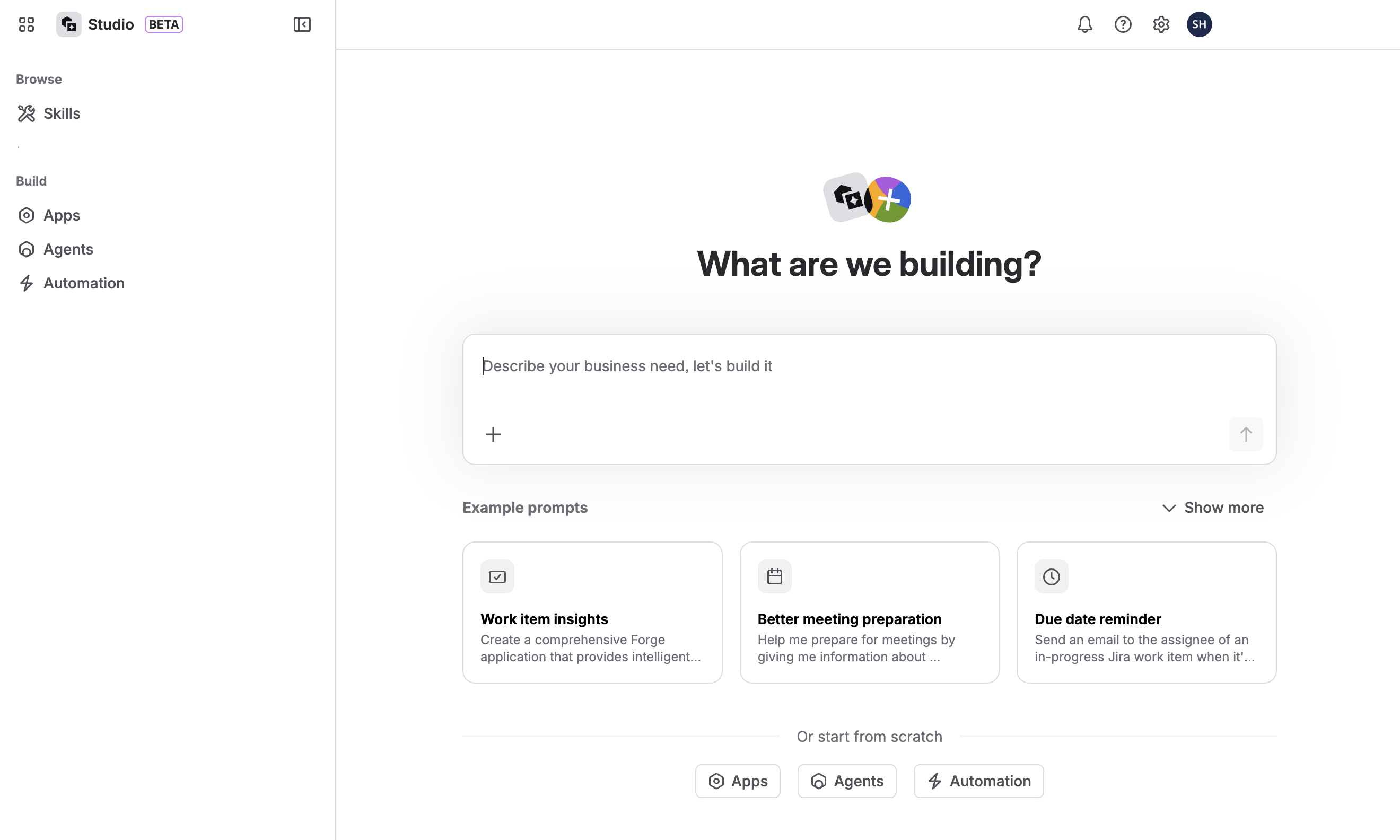 Studio app shows Rovo Chat interface with prompt cards below it. Navigation for skills, apps, agents, and automation on left.
