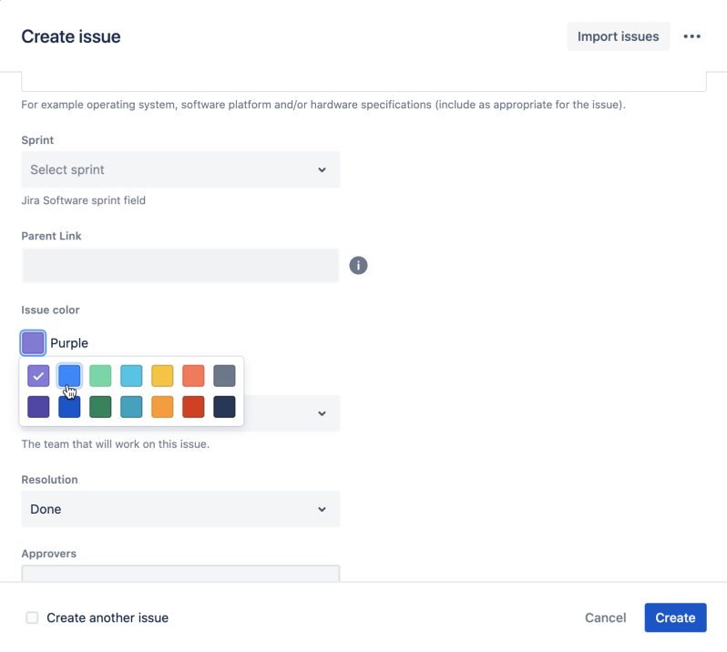 The issue create screen with Issue color field. There are color palettes and other fields. 