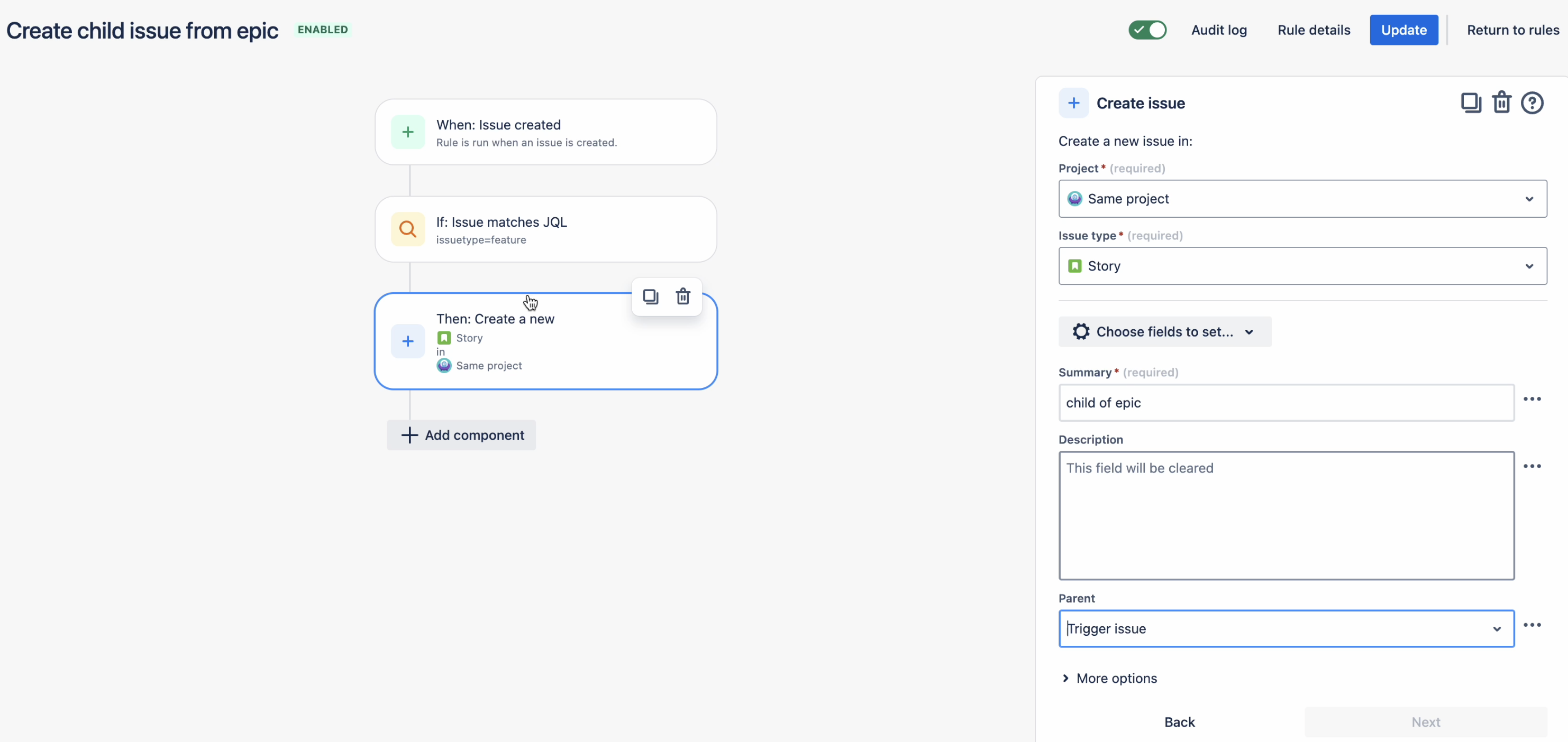 Create child Issue from EPIC using automation rule