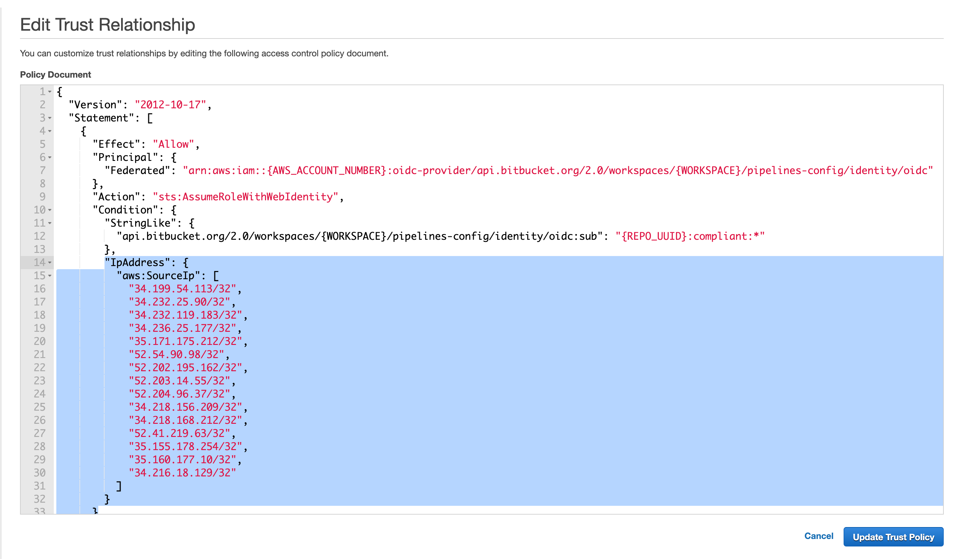 Highlights editing your role trust relationship to limit tokens with IP ranges sub claim 