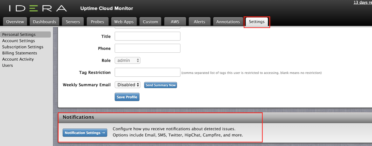 Uptime Cloud Monitor settings