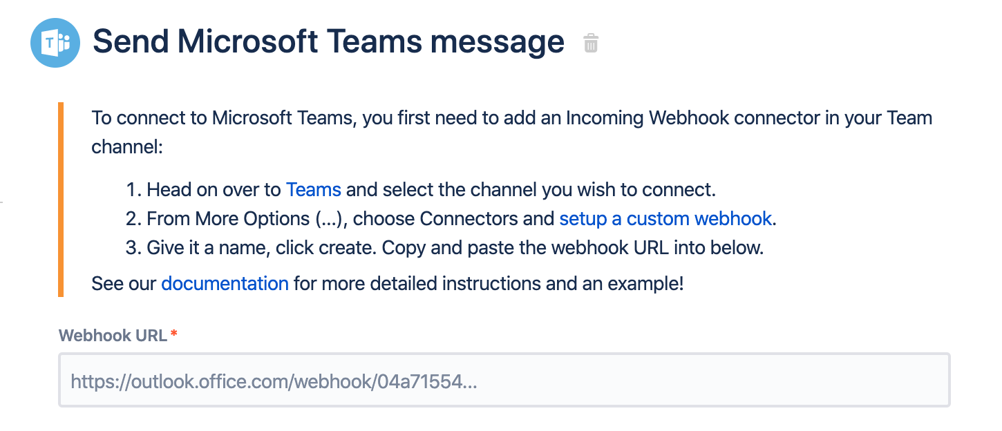 「Microsoft Teams にメッセージを送信」アクションのスクリーンショット。[Webhook URL] フィールドには「outlook.office.com」URL が含まれています。