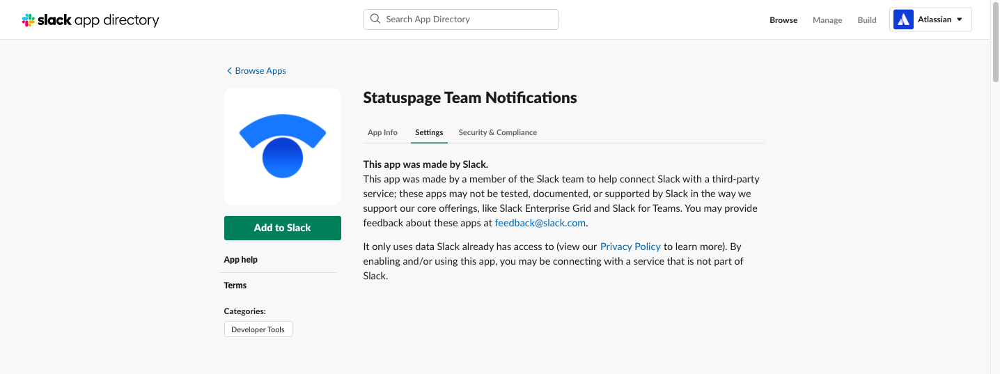 Statuspage アプリで開かれている Slack アプリのディレクトリ