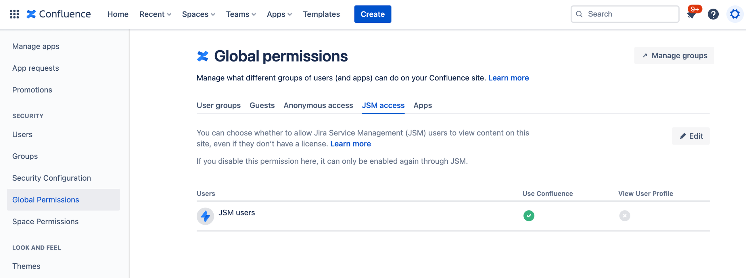 The Confluence global permissions page with the JSM access tab selected.