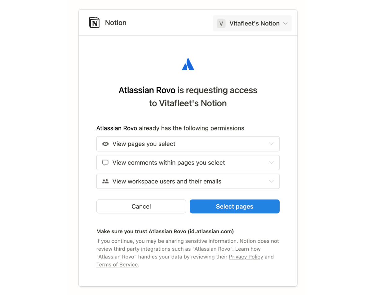 Notion consent screen confirming what permissions Rovo will have access to your Notion account