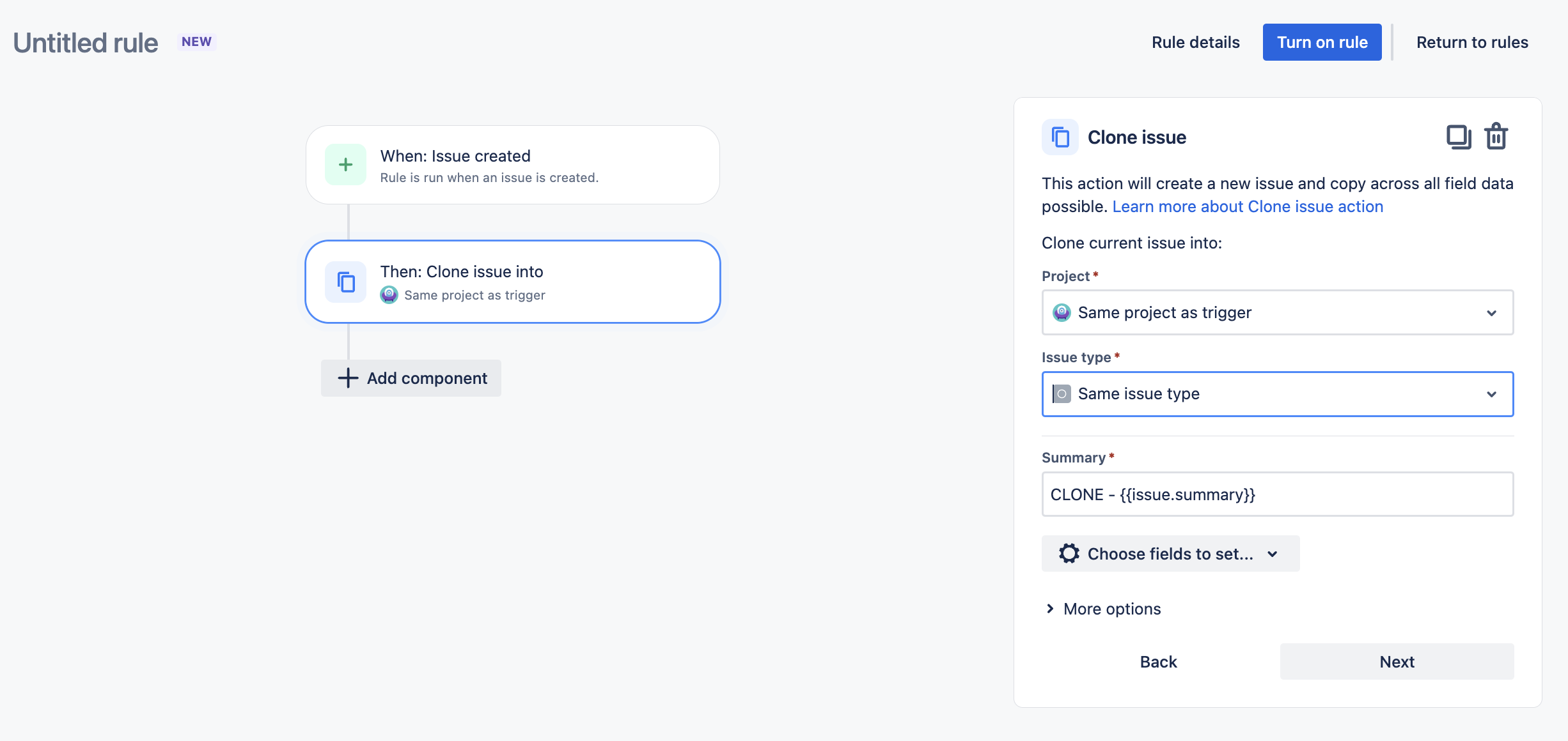 Automation rule with clone issue action