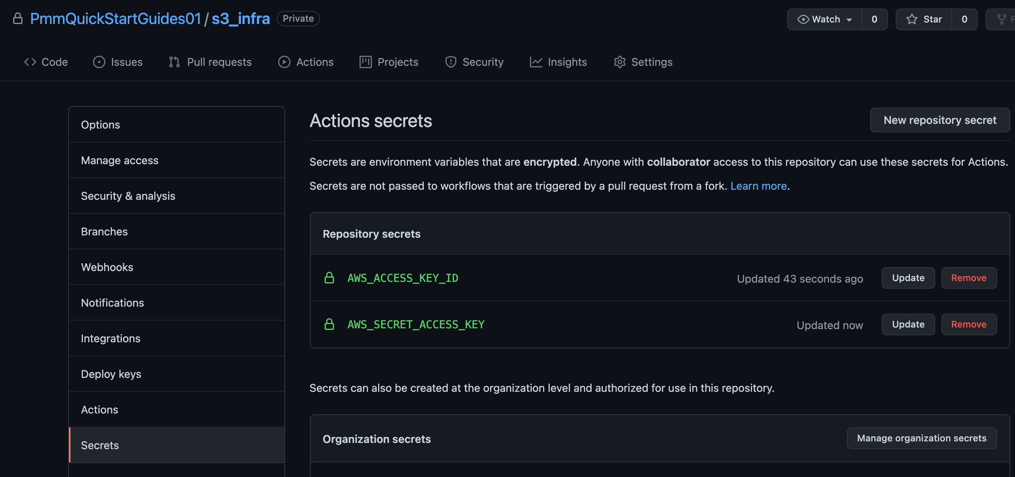 screenshot of adding AWS access key
