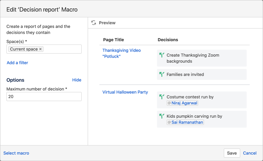 Setting up the Decision Report Macro to show all the decisions and the pages they are on in the current space