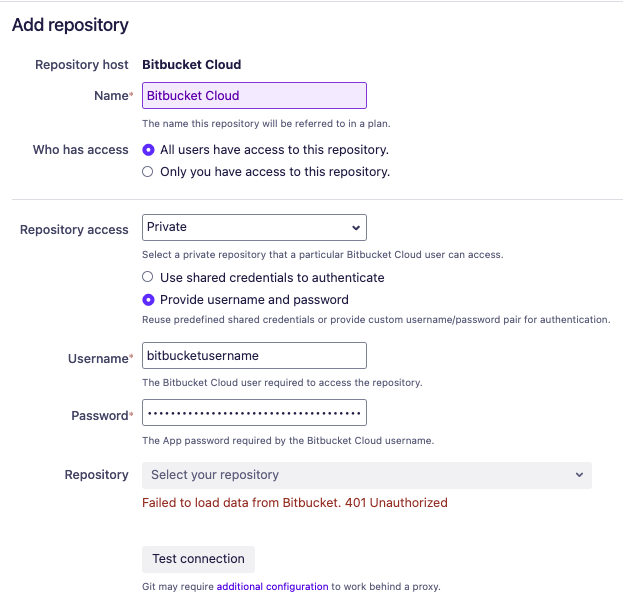 401 unauthorized error when selecting a Bitbucket repository