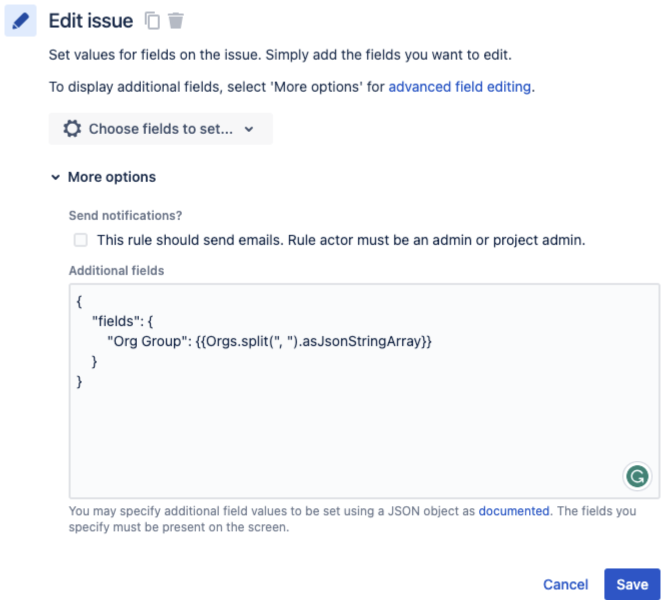 Edit issue component in jira automation using additional fields to set Org group field