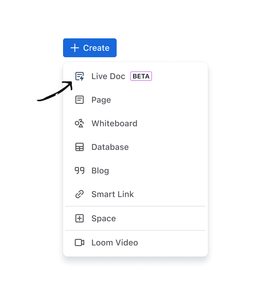 A view of the global create menu with live doc in it. 