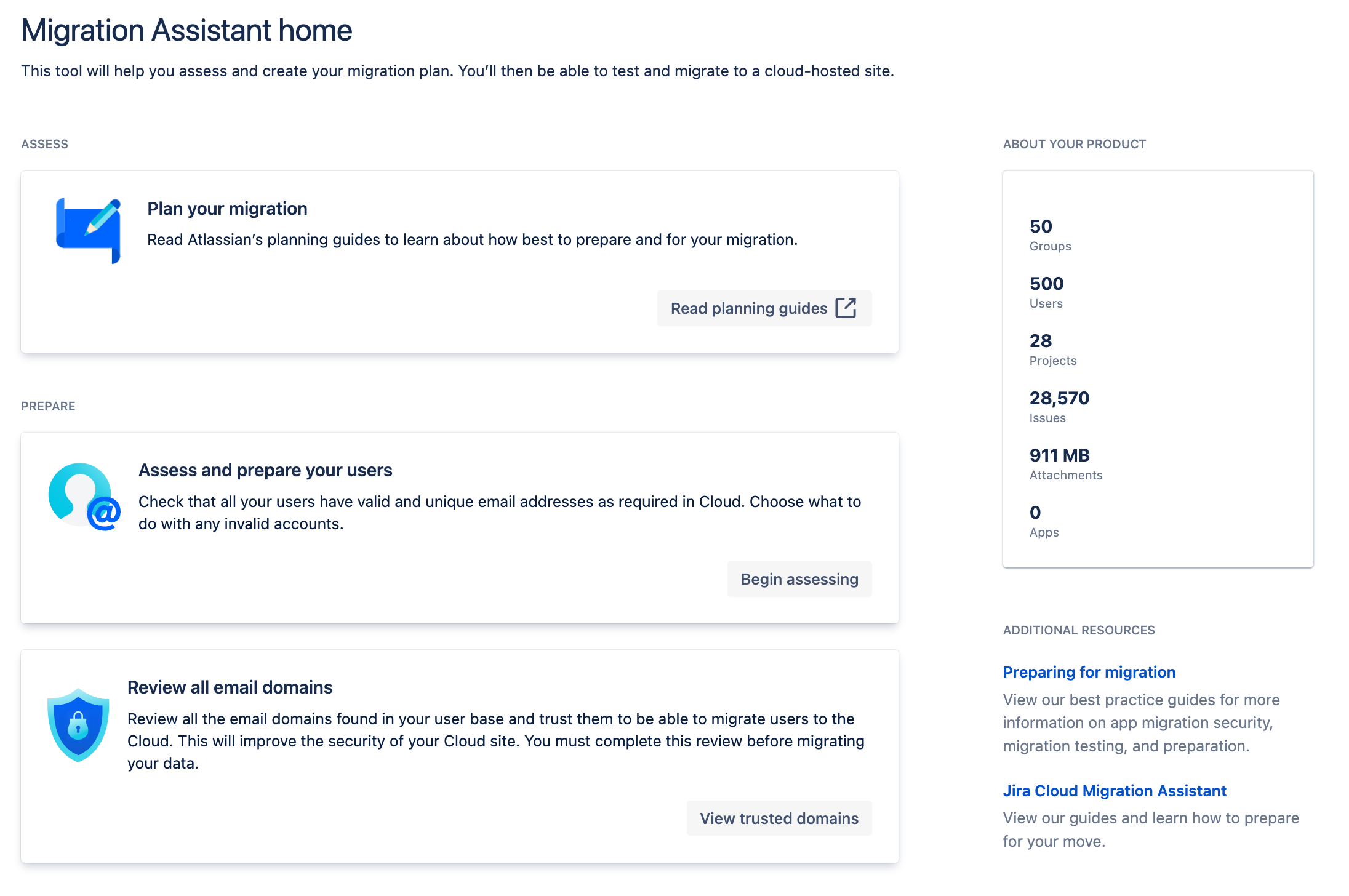 Jira Cloud Migration Assistant のホーム画面。