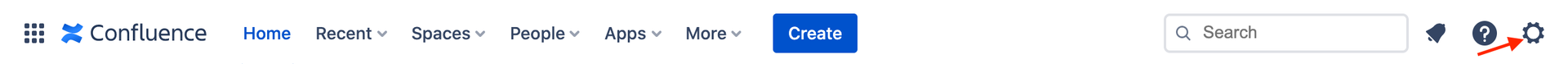 Screenshot showing the Confluence settings top-right of the Confluence navigation bar