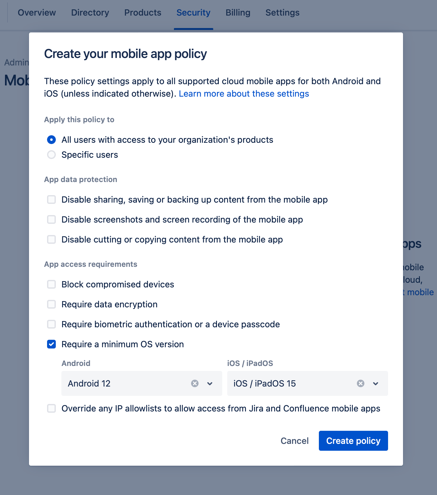 settings for mobile app policy