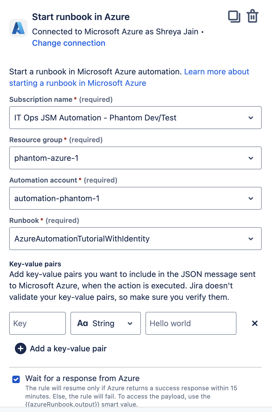 Start runbook in Azure