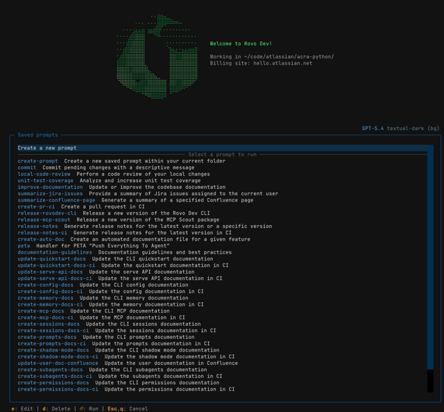 Rovo Dev CLI has an interactive menu to show saved prompts