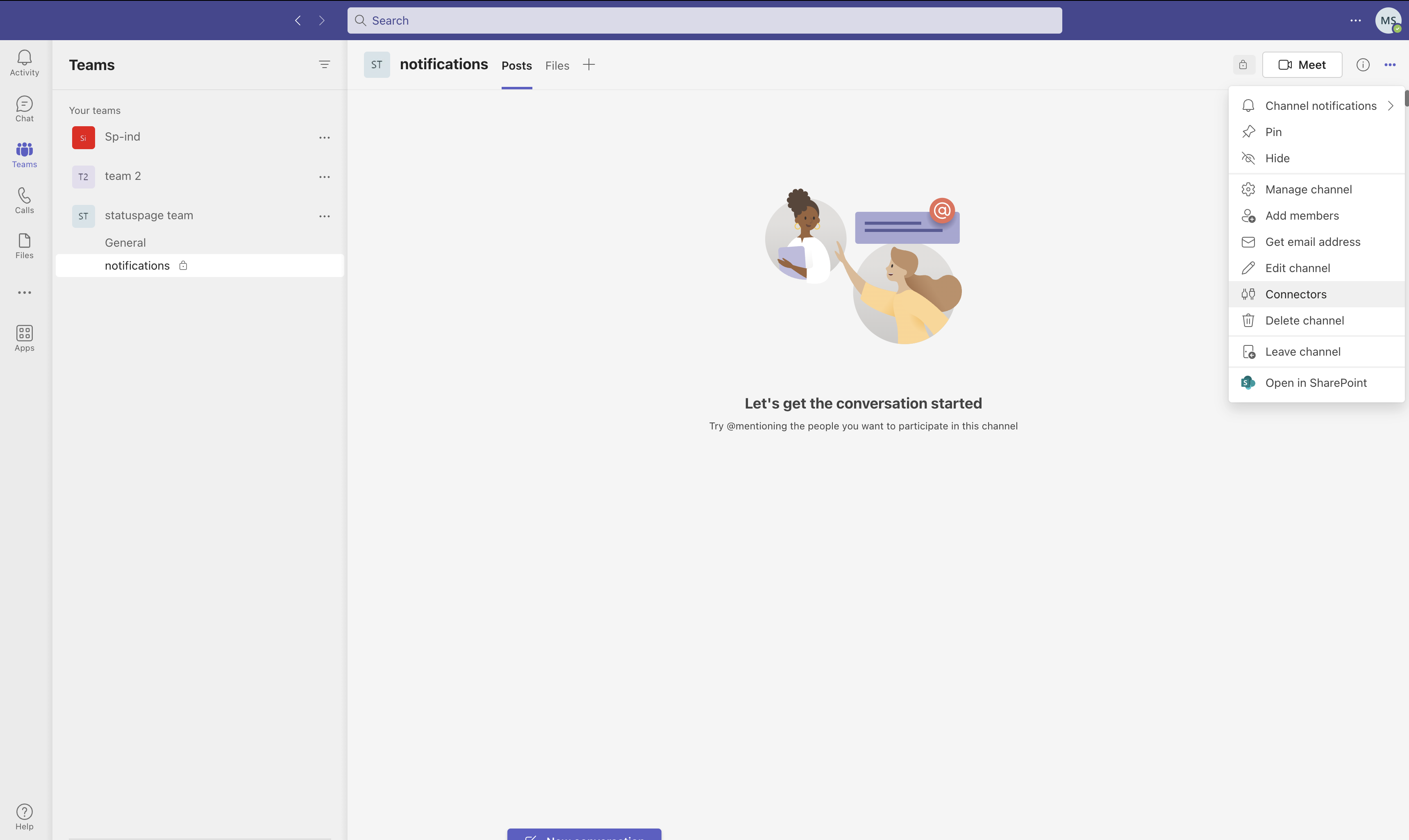 A Microsoft Teams channel with the more menu open showing the Connectors menu item highlighted.