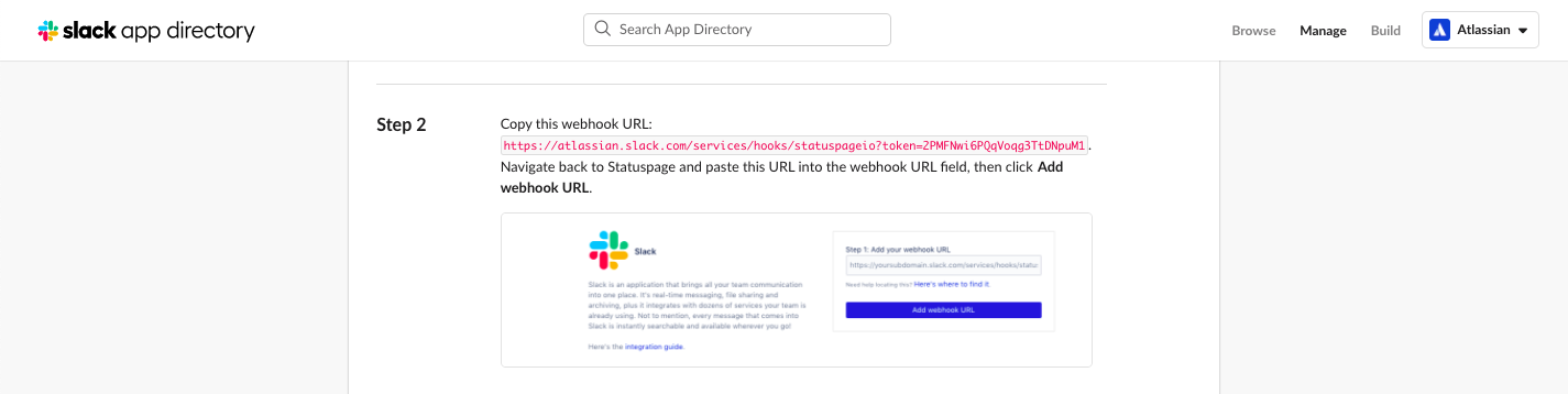 Slack アプリの設定手順には、Webhook URL をコピーする手順 2 が示されています