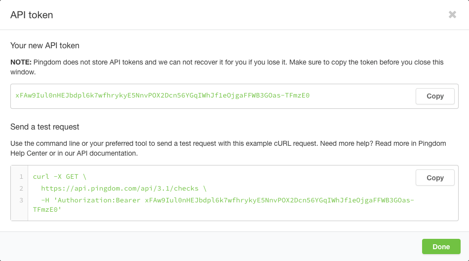 The dialogue where you copy your new API token from in Pingdom