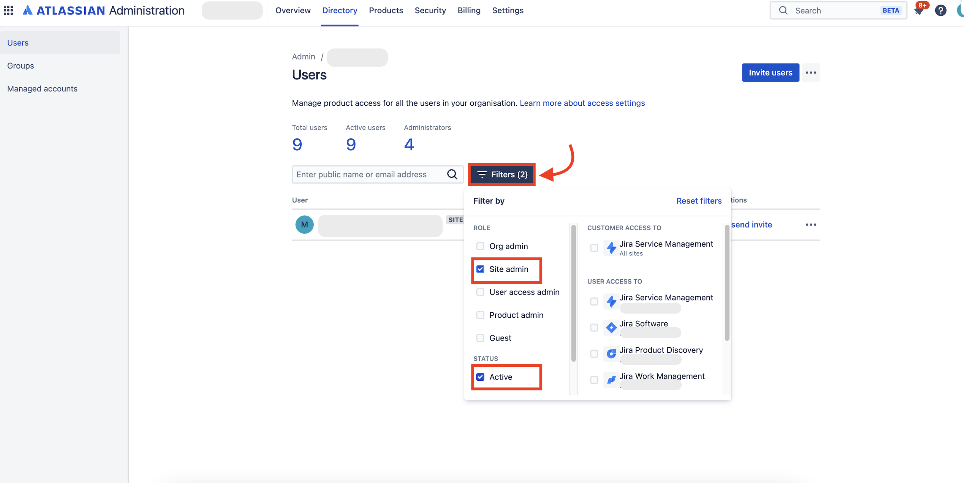 Screenshot showing that users who have been assigned the site admin role can be filtered out by going to the Users page, clicking 'Filters' and then selecting 'Site admin'. It is also possible filter by user status - active, deactivated and suspended