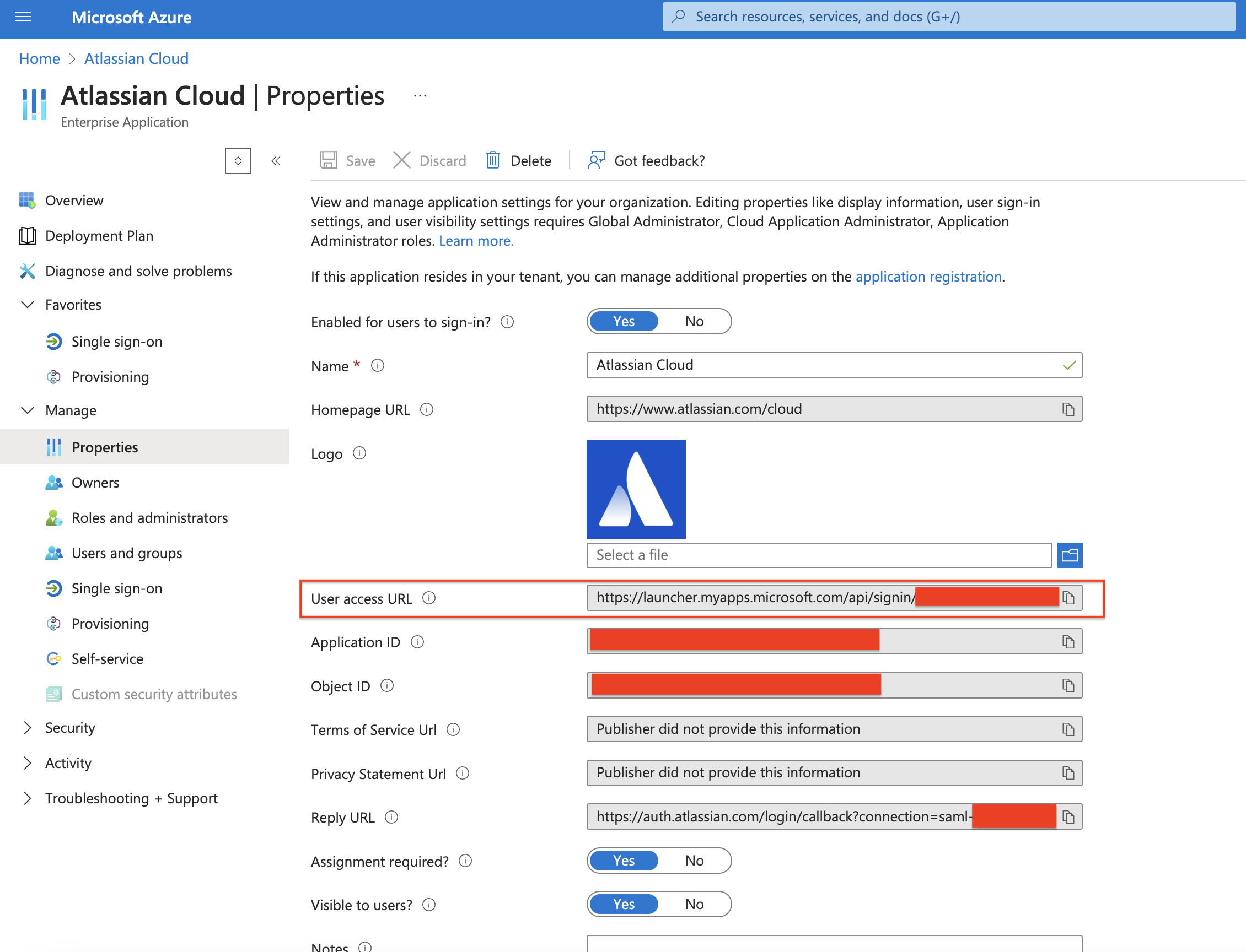 Entra ID(Azure AD) "Atlassian Cloud" app Properties page showing the "User access URL" for the app. The URL is in this format: https://launcher.myapps.microsoft.com/api/signin/<app_id>