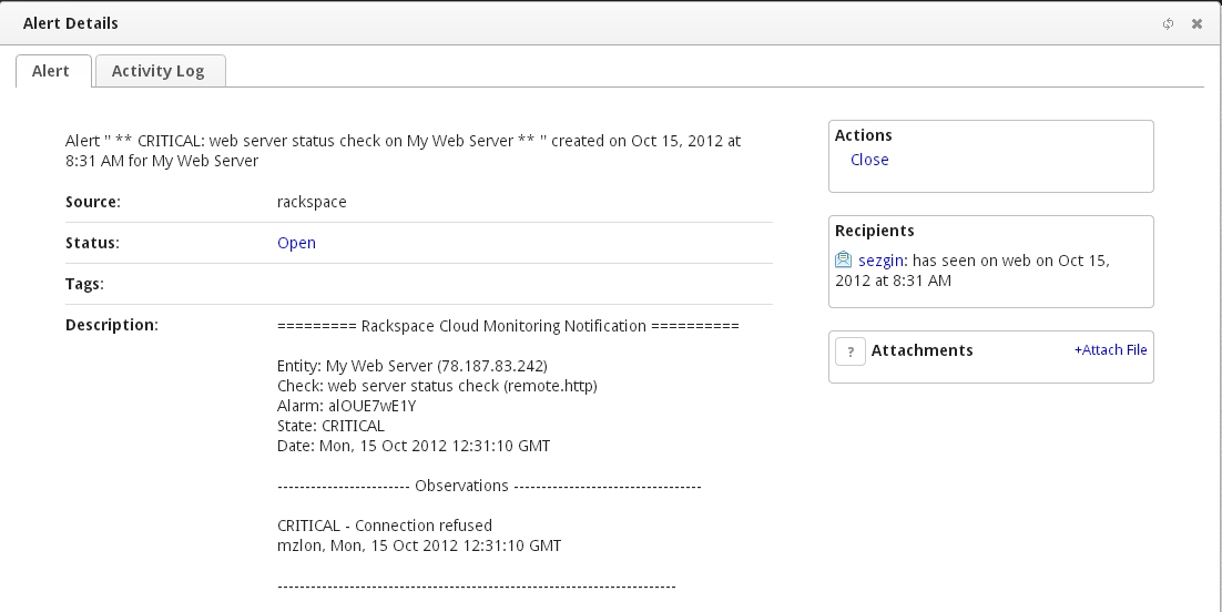 Rackspace Opsgenie アラートのサンプル