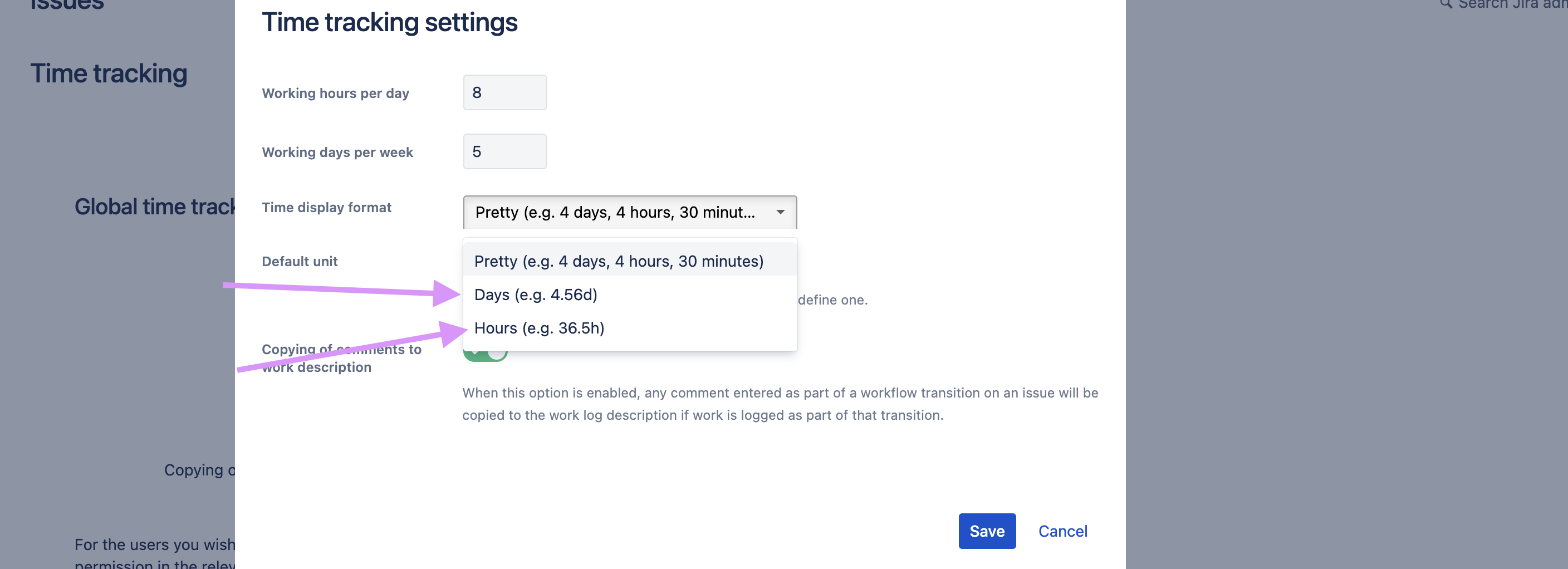 Time tracking settings specifying the displayed time format.