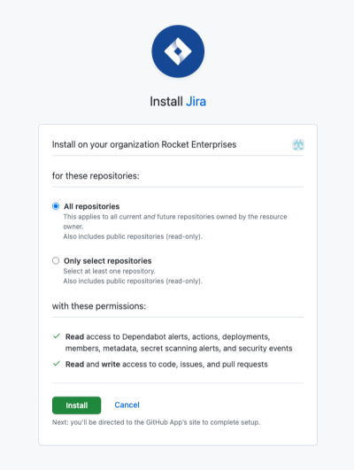 Repository settings to instal Jira app in GitHub showing All repositories vs Only select repositories