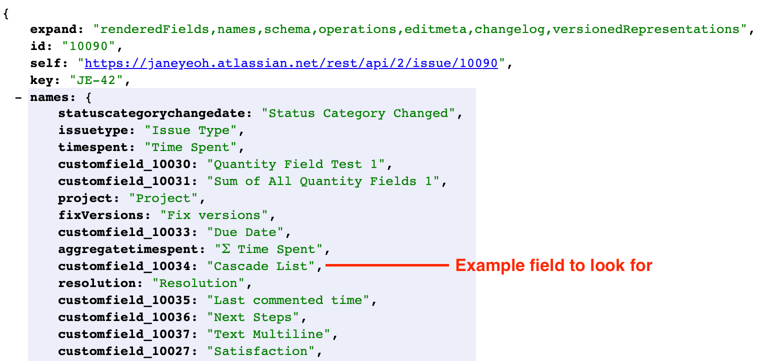 Screenshot of an issue's JSON. "Names" is expanded and the custom field ID next to "Cascade List" is highlighted.