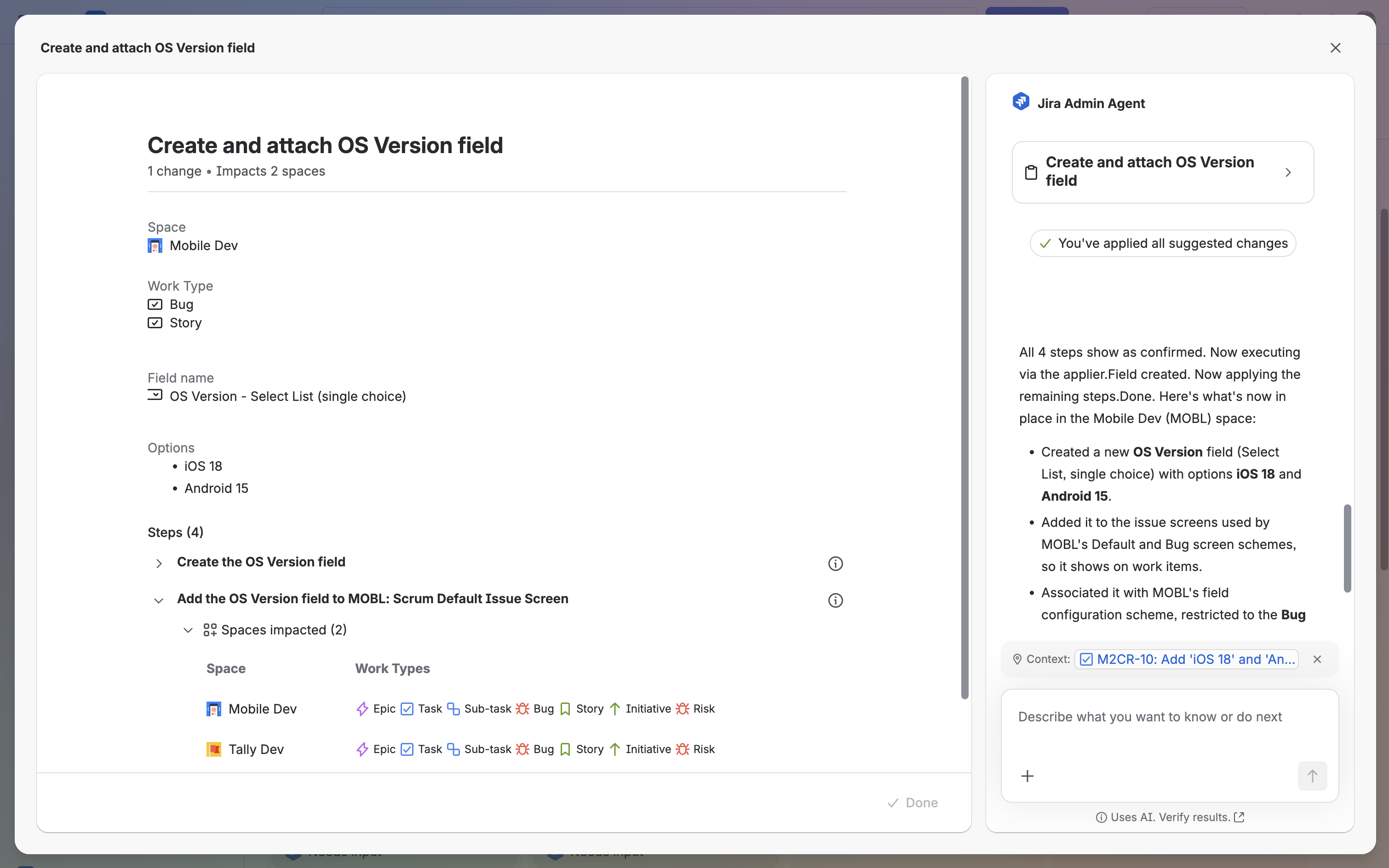 Expanded Jira Admin Agent plan with impact analysis