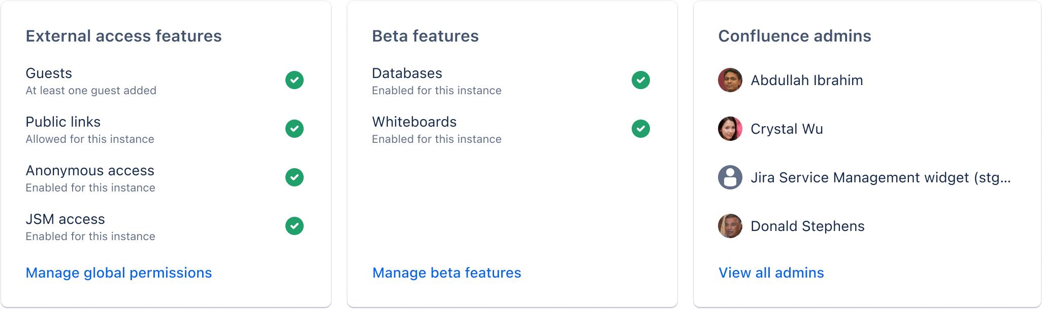 Three summary cards list available external access features, beta features, and Confluence admins. All features are enabled.