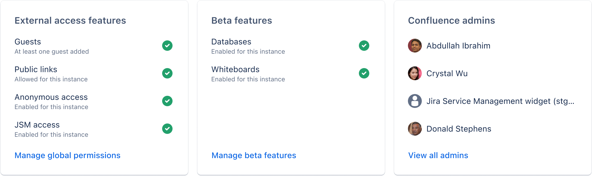 3 つの要約カードには利用可能な外部アクセス機能、ベータ版の機能、Confluence管理者が一覧表示されています。 すべての機能が有効になっています。