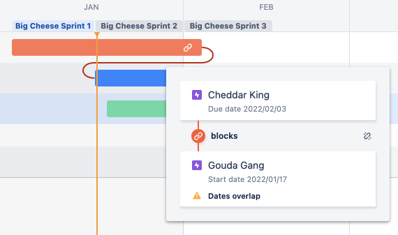 The roadmap view of your project lets you know when two issues overlap in Jira Software Cloud