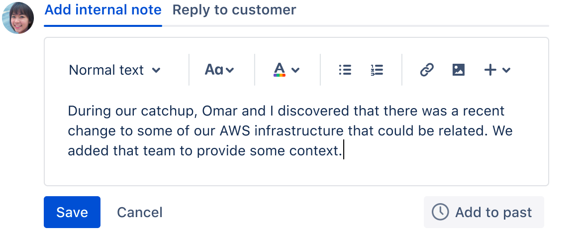 An internal note is being added, and options to save, add it to the past, and cancel are available.