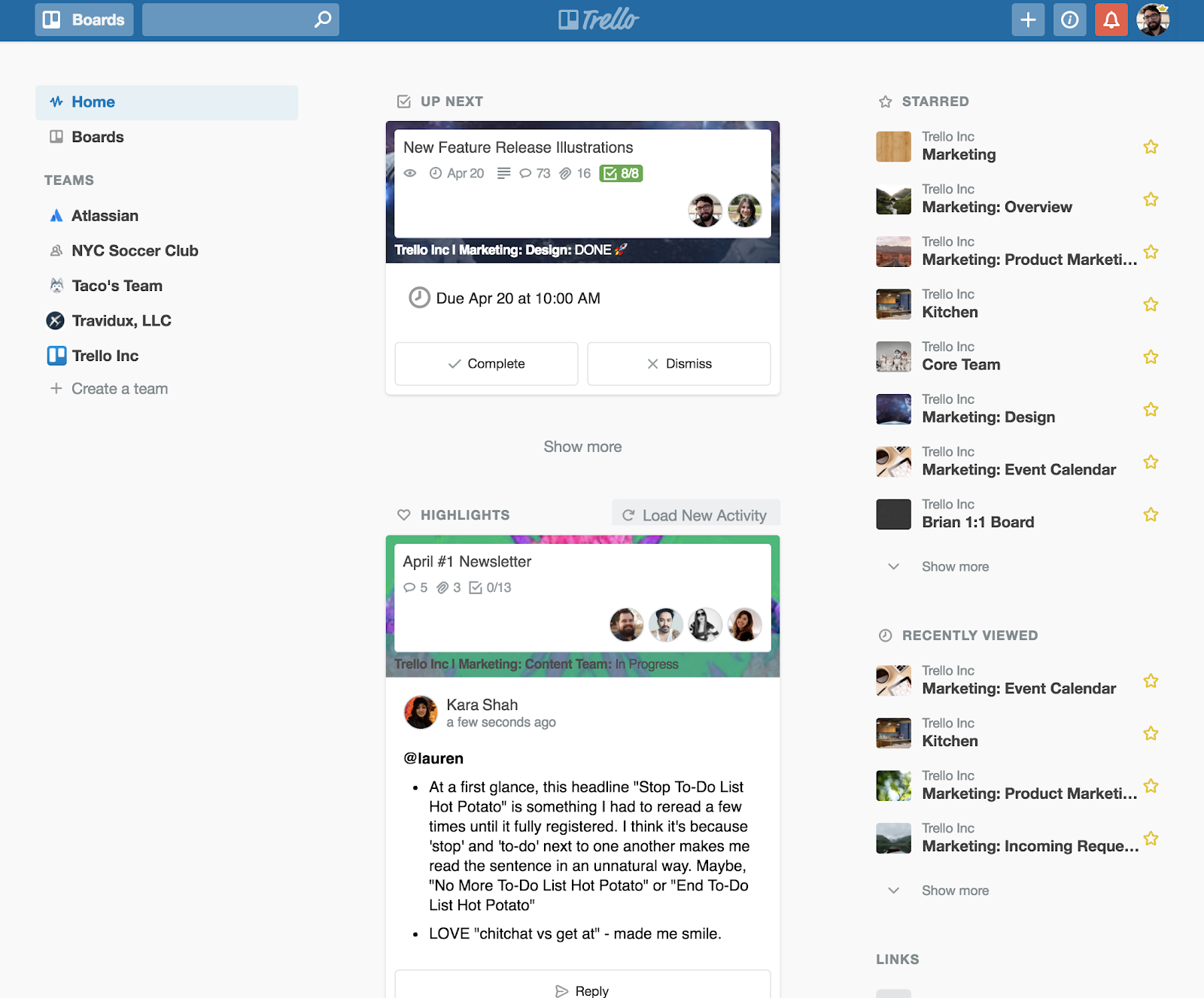 Overview of the Trello Home Page with various fields