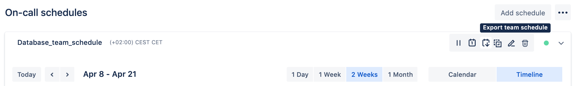 Opsgenie のスケジュールツールバーにあるチームスケジュールのエクスポートアイコンを示すスクリーンショット。