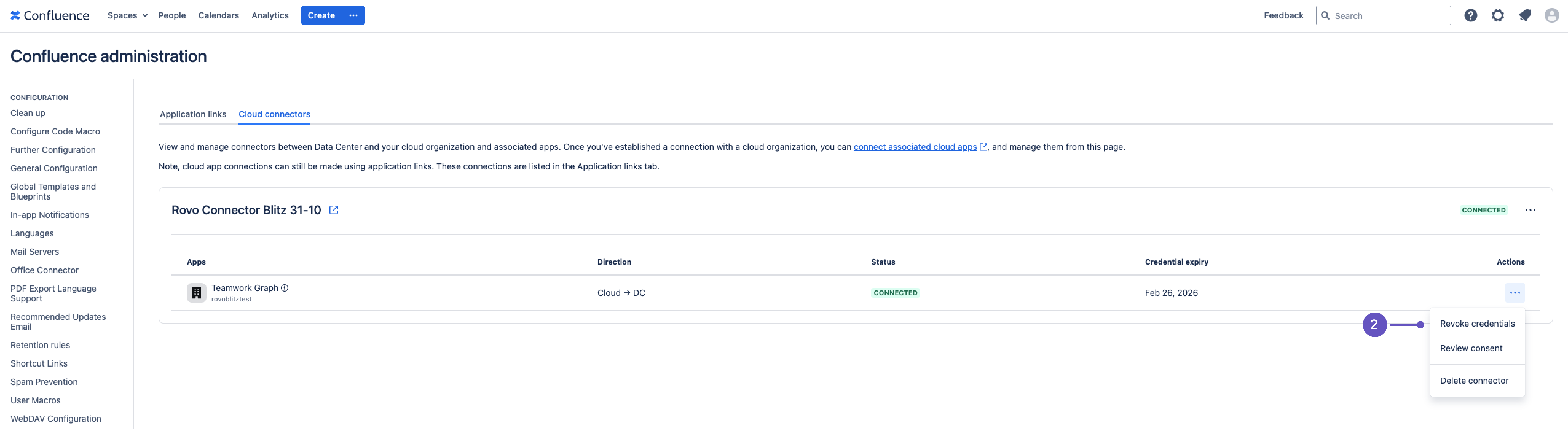 Cloud connectors screen in Data Center admin with option to revoke connector credentials