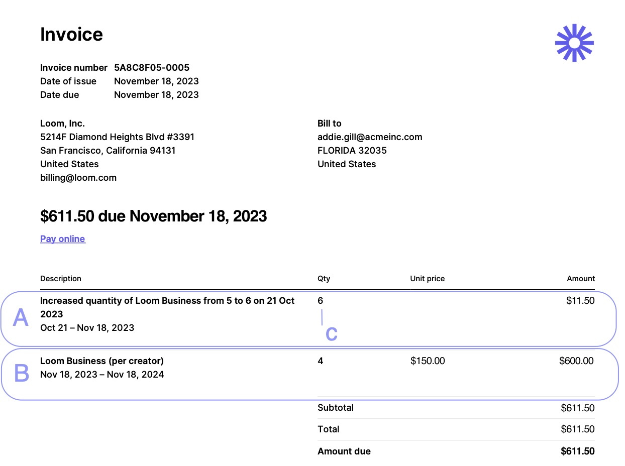 Example invoice for monthly renewal