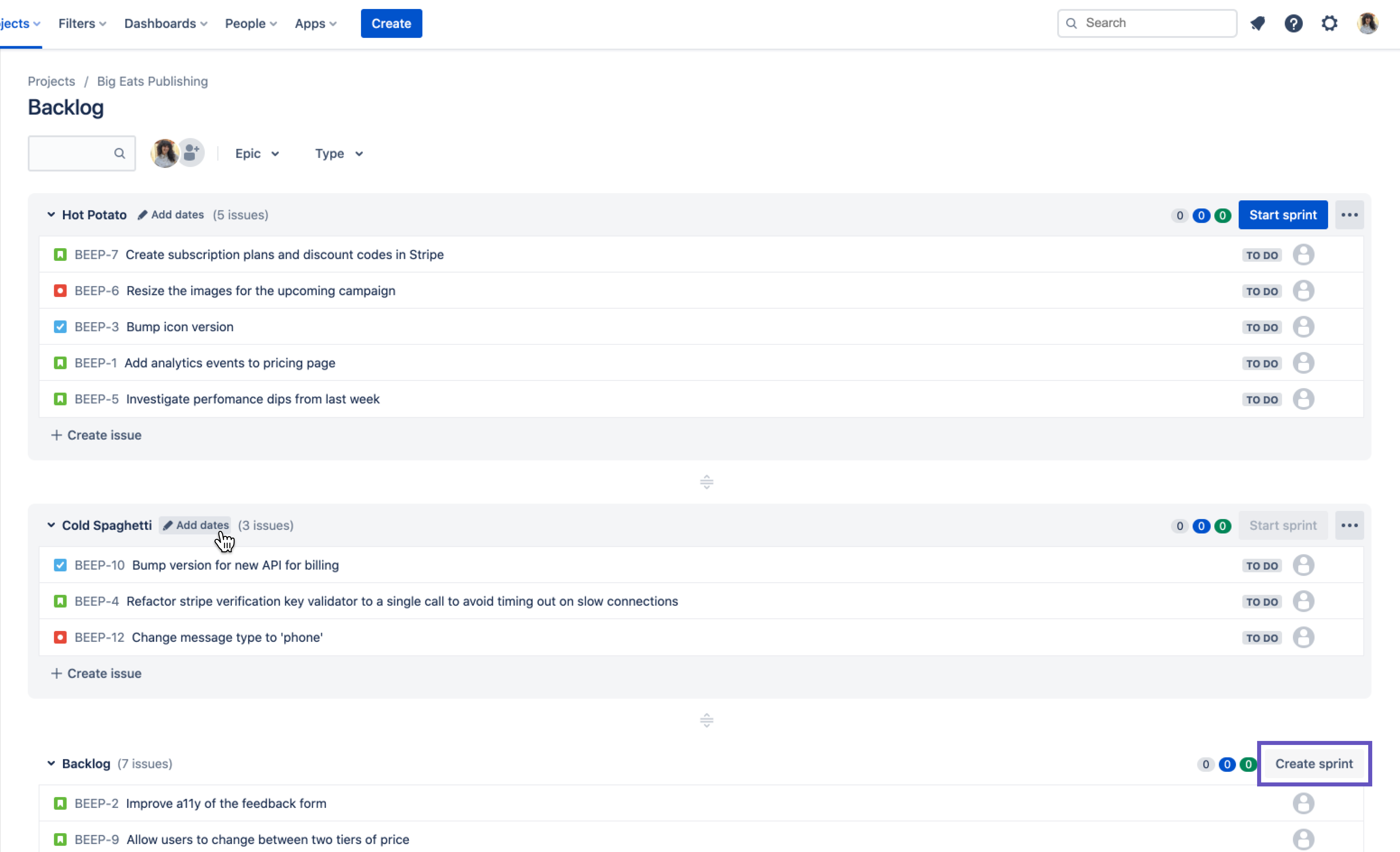 Screenshot of a backlog showing current sprints, and future sprints. The cursor hovers over the "Add dates" field.