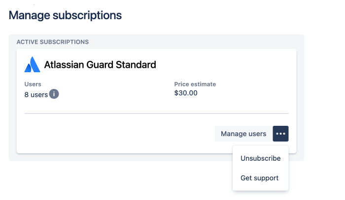 Screenshot of the Atlassian Access card, letting the user know where to find 'Unsubscribe' from the drop down.