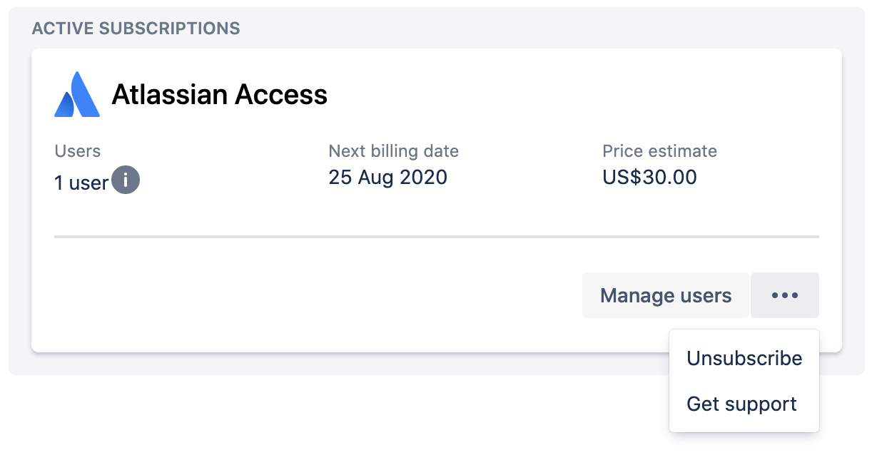 Screenshot of the Atlassian Access card, letting the user know where to find 'Unsubscribe' from the drop down.