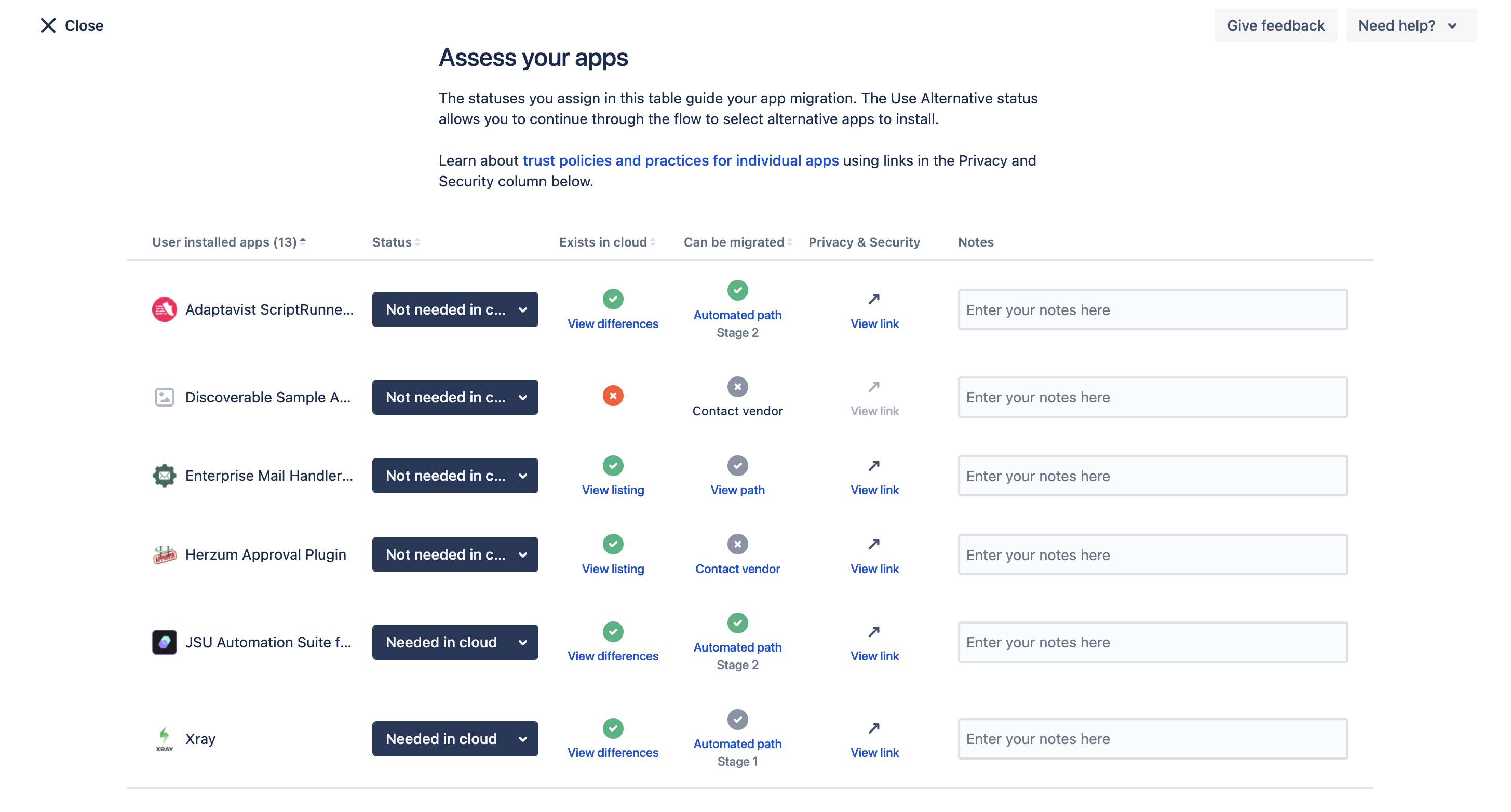 alt="Assess your apps screen in jcma."