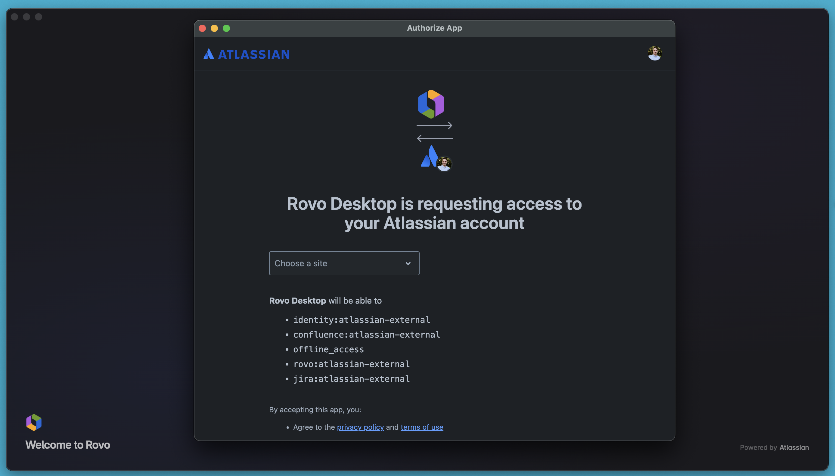 Authorization screen between Rovo Desktop and a user's Atlassian account. A dropdown asks the user to choose a site