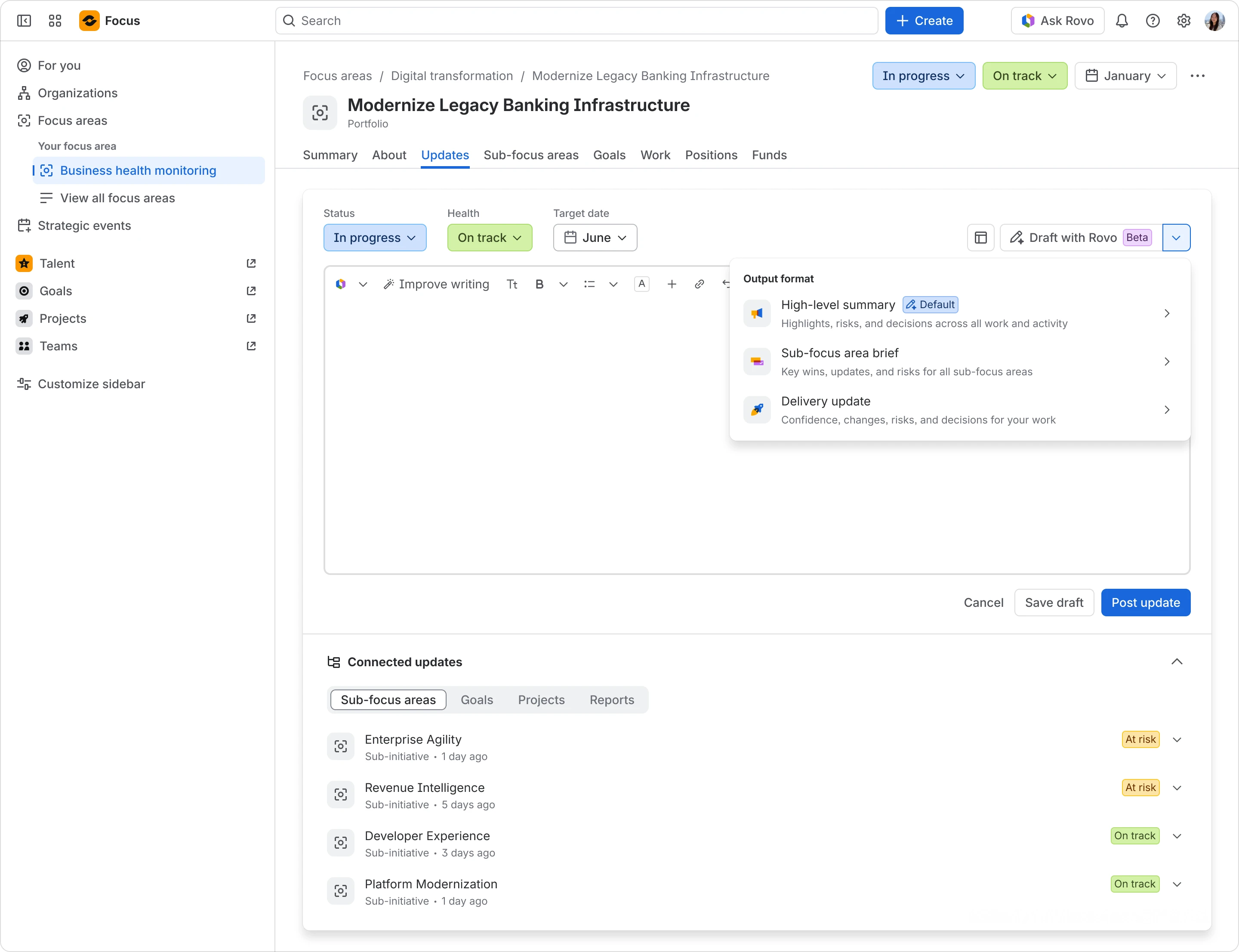 Using a template to create a status update in Focus.