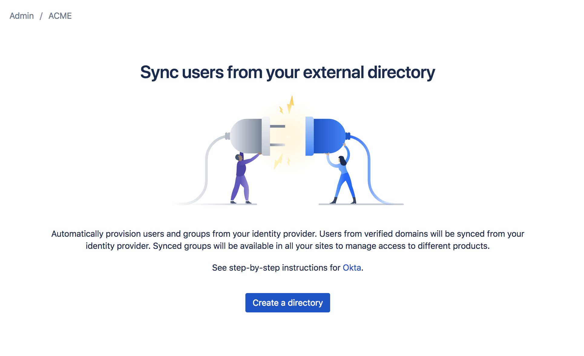 A screenshot of Sync users from your external directory with a Create a directory button