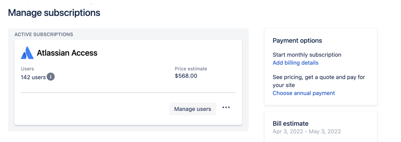 Manage Subscriptions screen showing payment options with a link to choose annual payment